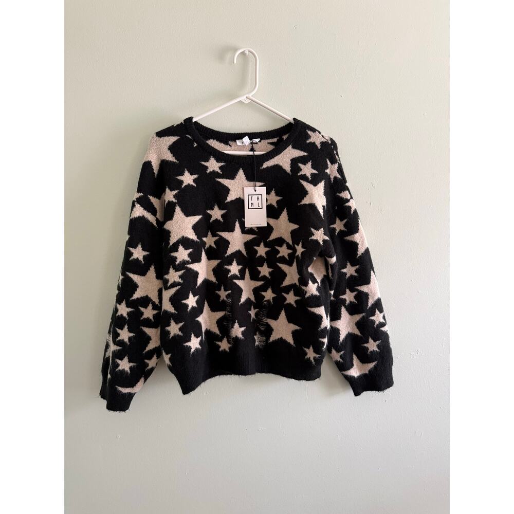 THML | NEW Preppy Soft Knit Black/Cream Star Destroyed Pullover Sweater Sz M - Picture 2 of 10